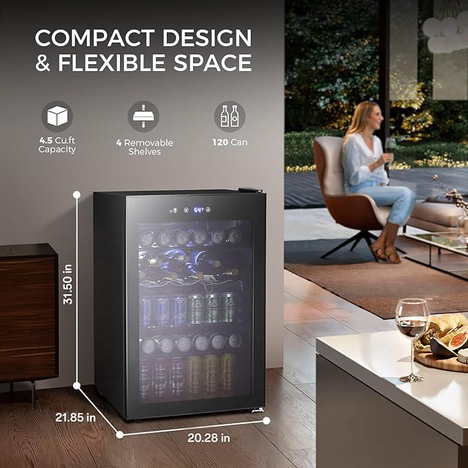 Kismile 4.5 Cu.ft Beverage Refrigerator and Cooler,126 Can Mini Fridge Glass Door with Digital Temperature Display for Soda,Beer or Wine,small Drink Dispenser Cooler for Home,Office or Bar (Black)