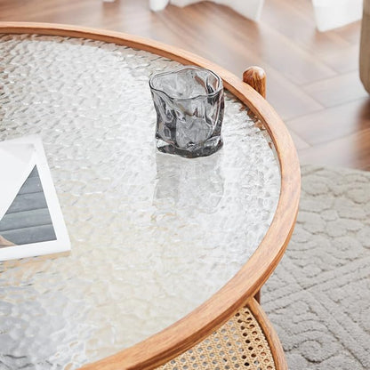 VINGLI 30" Rattan Coffee Table, Round Water-Wave Glass Metal Center Table, Modern Coffee Table with 2-Tier Storage, Farmhouse Circular Coffee Tables for Living Room and Small Space, Natural Vibe