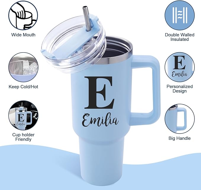 Personalized 40 Oz Tumbler with Handle and Straw, Custom Cup with Name & Birth Flower, Stainless Steel Travel Coffee Tumbler,Personalized Christmas Birthday Gifts for Women, Teen Girls