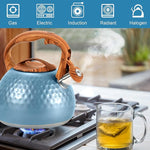 Load image into Gallery viewer, GGC Tea Kettle for Stove Top, Loud Whistling Kettle for Boiling Water Coffee or Milk, 3.1 Quart 3L Heavy Stainless Steel Blue Kettle with Wood Pattern Handle, Unique Button Control Kettle Outlet