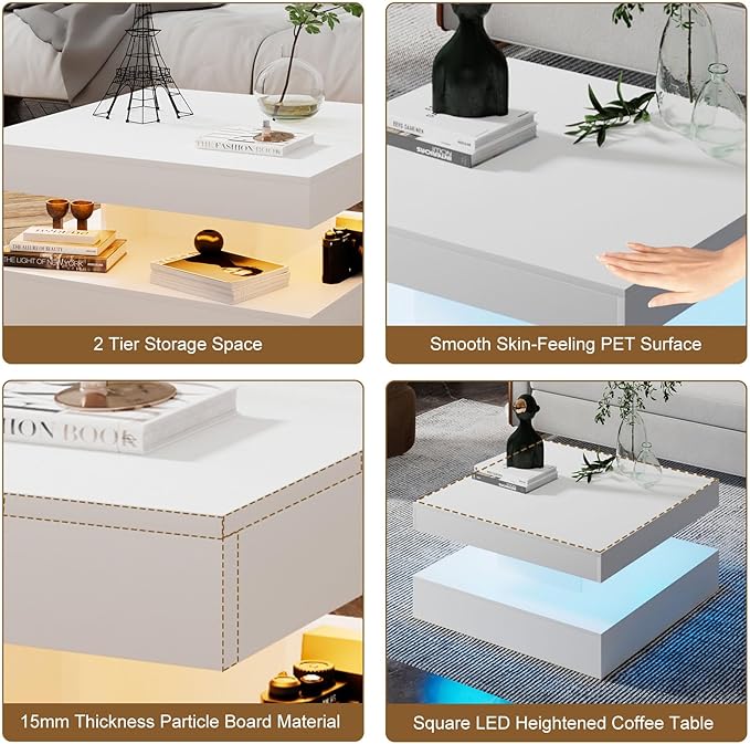 White LED Coffee Table for Living Room, Living Room Table 2-Tier Square Middle Center Table, Modern Coffee Tables with Storage, Wood Tea Tables for Dining Reception, Skin Feeling