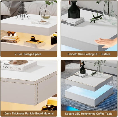 White LED Coffee Table for Living Room, Living Room Table 2-Tier Square Middle Center Table, Modern Coffee Tables with Storage, Wood Tea Tables for Dining Reception, Skin Feeling