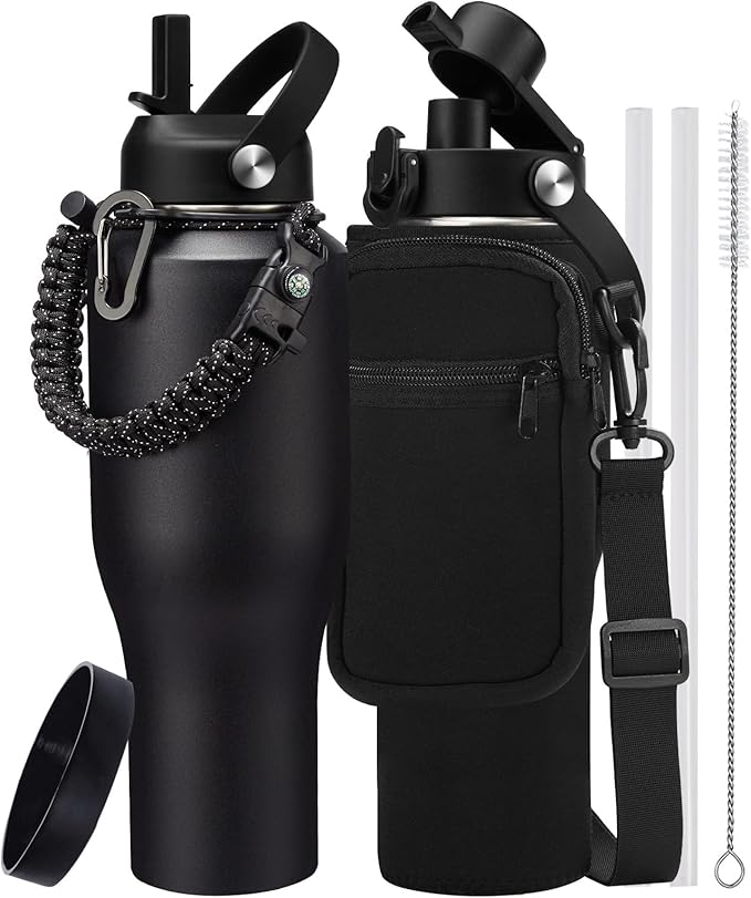 40 oz Water Bottle with Straw That Fits in Car Cup Holder, Cold 48H Hot 24H, Leakproof Stainless Steel Flasks Thermo Jug, Paracord Handle, Carry Pouch with Shoulder Strap