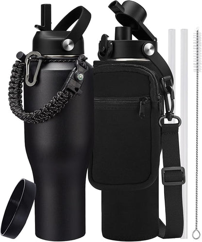40 oz Water Bottle with Straw That Fits in Car Cup Holder, Cold 48H Hot 24H, Leakproof Stainless Steel Flasks Thermo Jug, Paracord Handle, Carry Pouch with Shoulder Strap