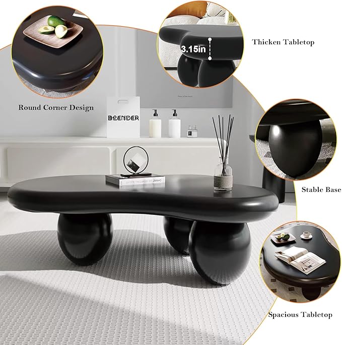 Asymmetric Black Coffee Table with 3 Stable Ellipsoid Leg, Modern Stylish Cloud Center Table - Cafe Books Laptop Snacks and Decor (D-47.24in)