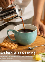 Load image into Gallery viewer, Teocera 24 oz Soup Bowls with Handles, Porcelain Large Coffee Mug Set, Jumbo Mugs, Soup Bowls Mugs set of 4 for Coffee, Oatmeal, Stew - Striped Design, Turquoise