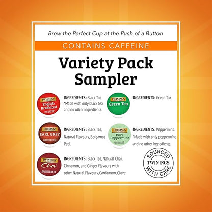 Twinings K-Cup Pods Variety Pack, Includes English Breakfast, Earl Grey, Chai, Green, and Peppermint for Keurig and Single Cup Brewers, 10 Count (Pack of 1), Enjoy Hot or Iced