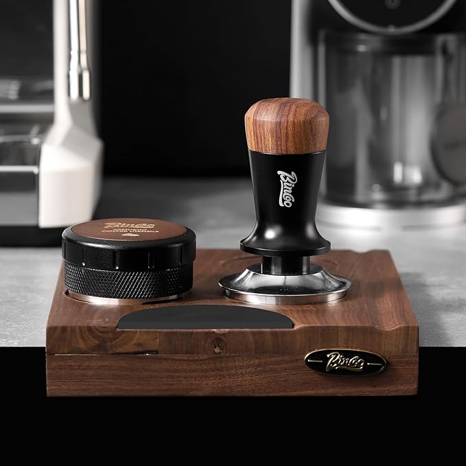 Bincoo Wooden Corner Coffee Tamper Mat,Espresso Tamper Station,Suit for 51-58mm Coffee Tamper Holder Pad for Baristas Protect Your Worktop (Brown)