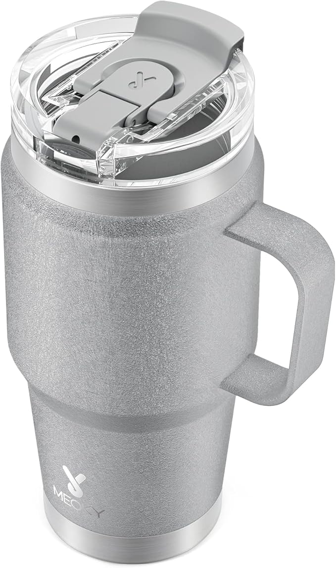 Meoky 24oz Travel Mug, Triple Insulated Stainless Steel Tumbler with Handle and 2-in-1 Straw and Sip Lid, 100% Leak Proof, Keeps Cold for 24 Hours or Hot for 8 Hours, Cupholder Friendly (Rock)