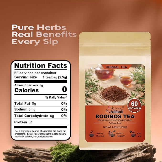 FullChea - Rooibos Tea Bags, 60 Counts - Premium South African Natural Rooibos - Non-GMO - Caffeine-Free - Antioxidant-Rich & Supports Digestion