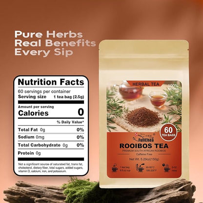 FullChea - Rooibos Tea Bags, 60 Counts - Premium South African Natural Rooibos - Non-GMO - Caffeine-Free - Antioxidant-Rich & Supports Digestion
