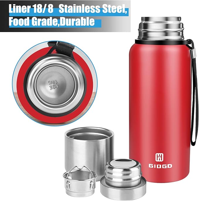 Insulated vacuum Thermo Bottle 500ml/16.9oz with cup Stainless steel coffee bottles for hot and cold drink water flask.(Red,500ml)