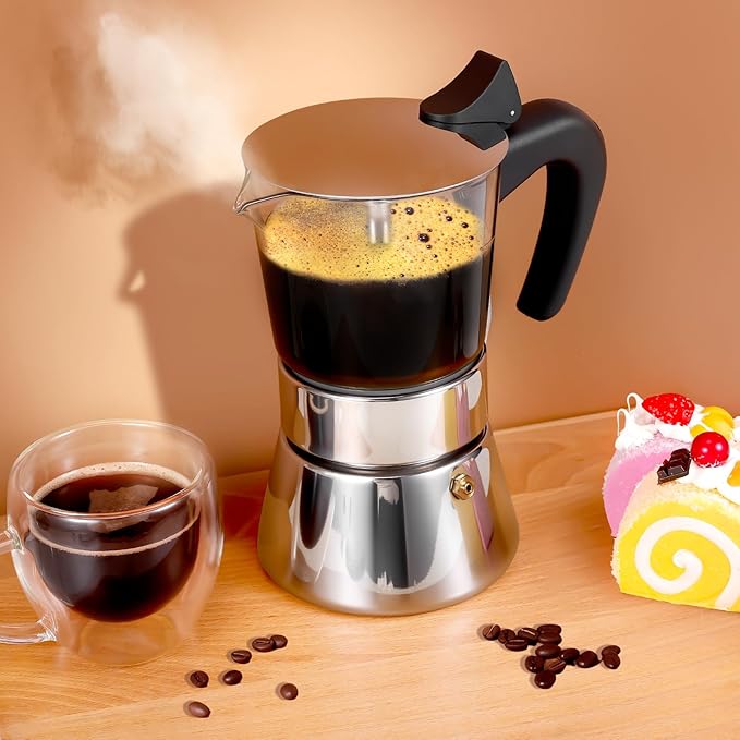 Induction Moka Pot, 6 Cups (10.6 oz) Crystal Glass-Top & Stainless Steel Moka Pot, Classic Stovetop Espresso Maker, Silver