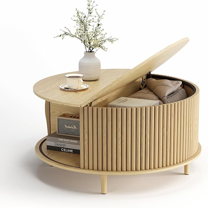 Round Coffee Table with Storage,31.5" Mid Century Modern Coffee Table with Hidden Compartment,Fluted Center Table for Living Room,Home Small Space,Oak