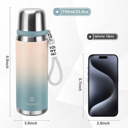 Stainless Steel thermo Bottles with cup 700ml/23.7oz Vacuum Insulated Bottle for hot and cold coffee drink water thermo flask with cup.(Gradient Blue,700ml)