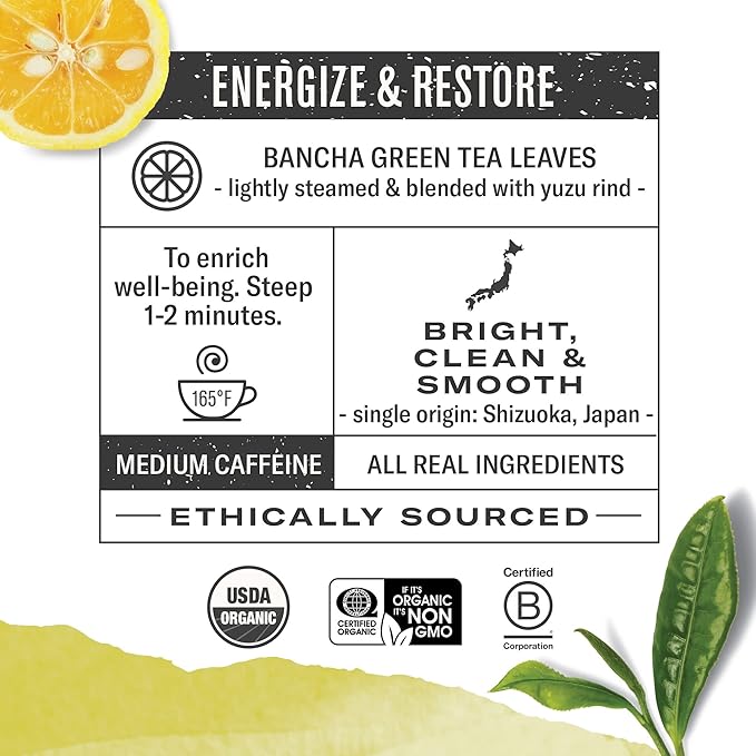 Numi Organic Yuzu Bancha Tea, 16 Tea Bags (Pack of 3) Roasted Japanese Green Tea with Citrus, Caffeinated