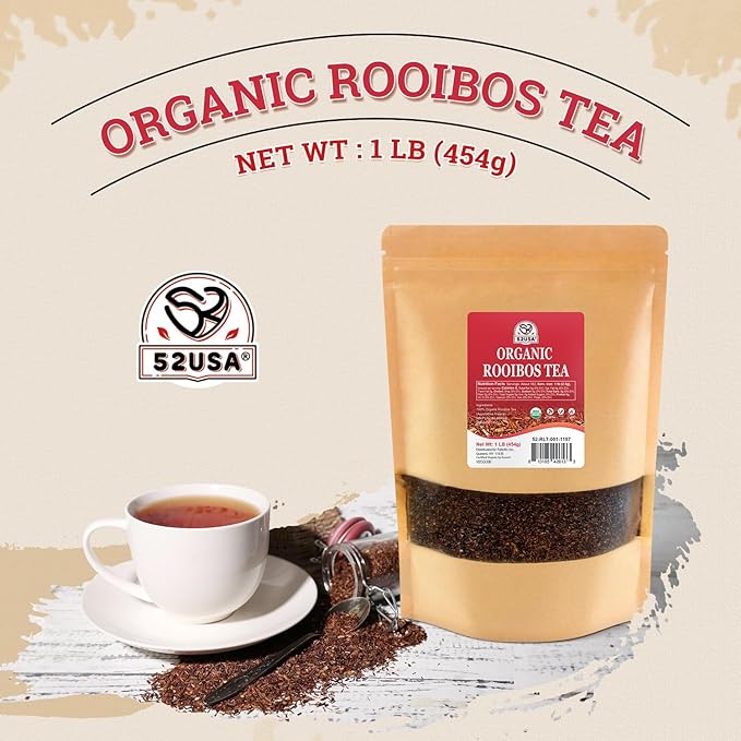 52USA Organic Rooibos Tea, 1 LB, Red Rooibos Loose Leaf Tea, Naturally Caffeine-Free, Pure South African Red Bush Herbal Tea, Non-GMO, USDA Organic