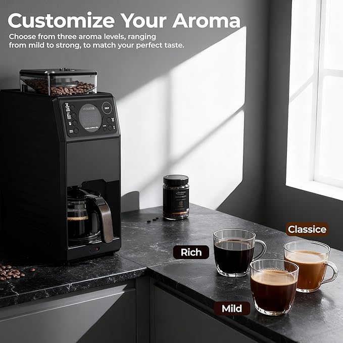 Programmable 5 Cup Coffee Maker with Grinder Built In, Automatic Drip Coffee Machine with Timer, Removable Tank, 22 oz Glass Carafe and Hot Plate, for Home Dorm and Office, Matt Black