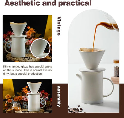 Pour Over Coffee Maker Set Vintage Ceramic Pour Over V60 Coffee Dripper Set with 20 Count Paper Coffee Filters,for Home Café Restaurant Camping,15.8 Ounces(White)
