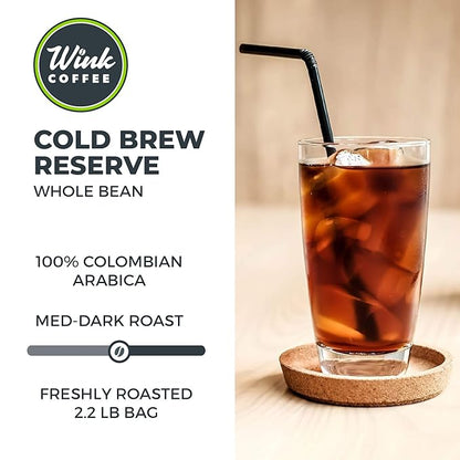 Wink Coffee Medium Dark Roast, Large 2.2lb bag, Low Acid Whole Bean Coffee, 'Cold Brew Reserve', Single Origin Colombian Arabica Beans, Smooth, Sustainably Sourced