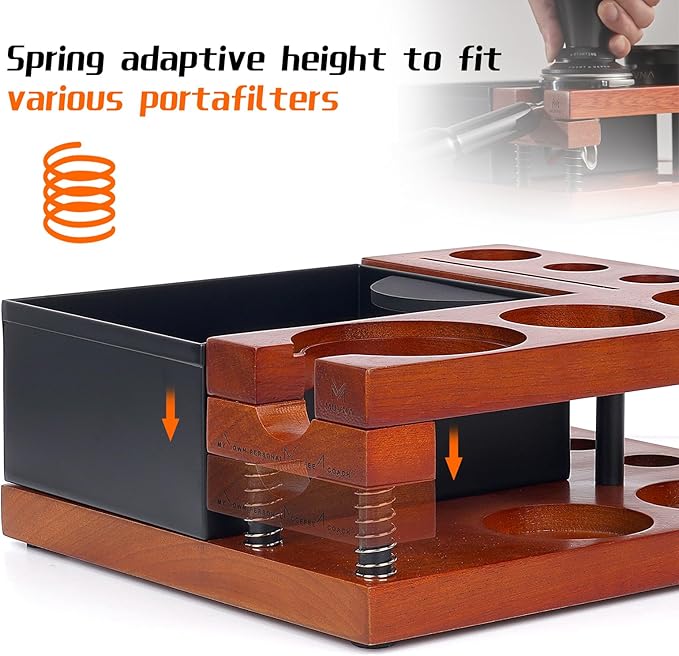 Espresso Knock Box, Tamping Station, Two-tier Organizer Station, Spring-loaded Portafilter Holder, Basket Filters & Funnel Stand, Fits 51/54/58MM Tamper, Distributor, Portafilter, Puck Screen