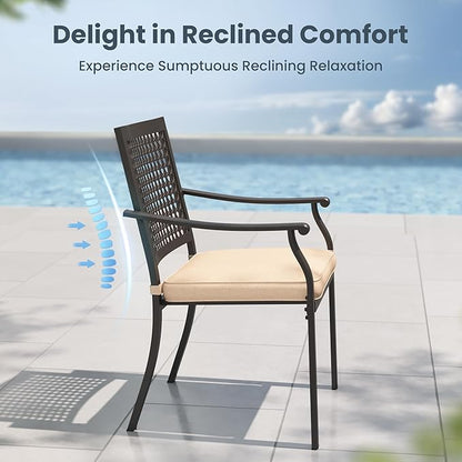 PHI VILLA Outdoor Metal Dining Chairs Set of 2, Black Wrought Iron Stackable Chairs with Cushions, Heavy-Duty Seating Furniture for Patio, Deck, Yard, Porch