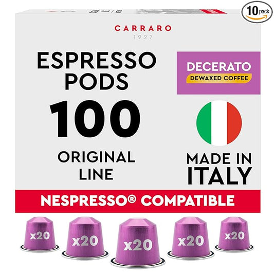 CARRARO 1927 Decerato - 100 Aluminum Coffee Pods Compatible with Nespresso Original line - Dewaxed, Wellness, Low Acidity, More Digestible, Intense Aroma, Medium Roast Coffee Capsules Made in Italy