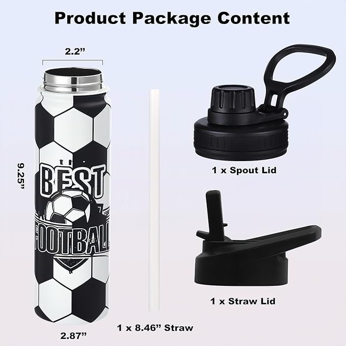 Soccer Water Bottle, 24 oz Insulated Stainless Steel Sports Bottle with Straw, Soccer Stuff Gifts for Boys