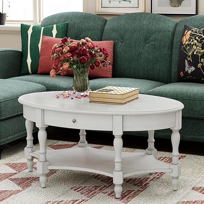 Solid Wood Oval Coffee Table with Drawer and Storage Shelf, 44.9" Traditional Retro Center Table Polished Edging Cocktail Tea Table for Living Room Bedroom Home, Antique White
