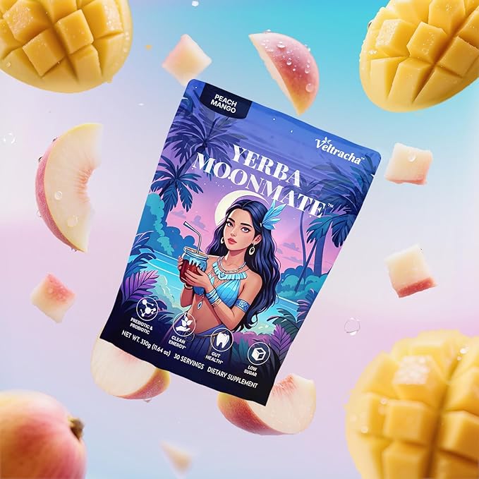 Yerba Mate Instant Tea Powder, 4-in-1 Functional Yerba Extract with Prebiotics & Probiotics, Low Sugar Clean Energy Drink for Focus, Gut Health & Reduce Brain Fog, Peach Mango - 30 Servings