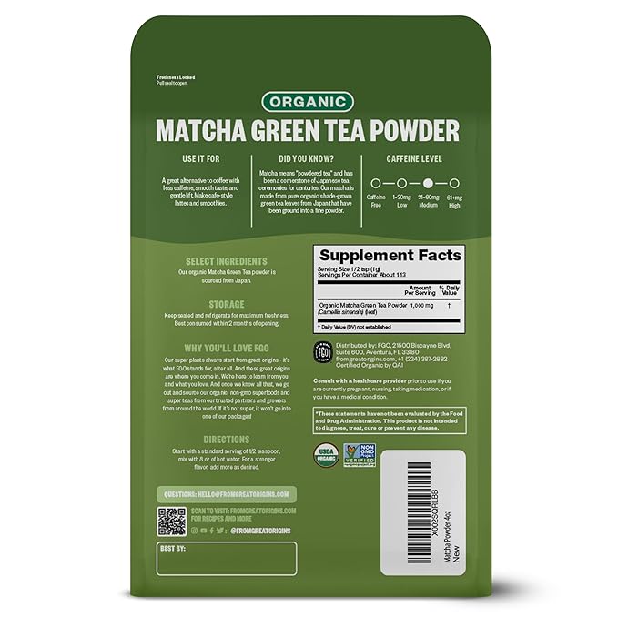 FGO Organic Matcha Green Tea Powder, Japanese Culinary Grade for Cooking, Baking, and Smoothies, 4 Ounce, Resealable Bag, Packaging May Vary (Pack of 1)