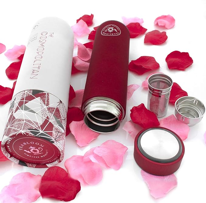 Teabloom ORIGINAL All-Purpose Beverage Tumbler - 16 oz - 480 ml - Brushed Metal Insulated Water Bottle/Tea Flask/Cold Brew Coffee Mug - Extra-Fine Two-Way Infuser Travel Bottle - Ruby Red