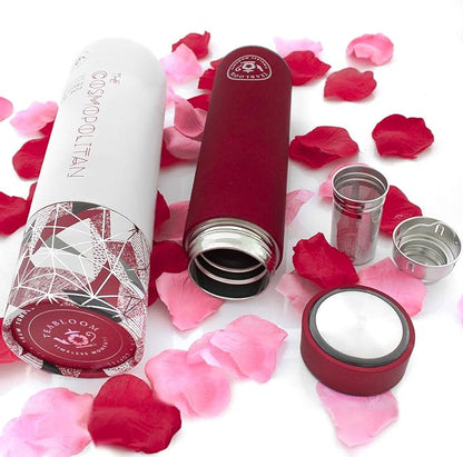 Teabloom ORIGINAL All-Purpose Beverage Tumbler - 16 oz - 480 ml - Brushed Metal Insulated Water Bottle/Tea Flask/Cold Brew Coffee Mug - Extra-Fine Two-Way Infuser Travel Bottle - Ruby Red