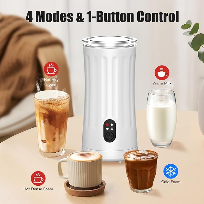 Milk Frother, Upgraded 4-in-1 Milk Frother and Steamer, Hot and Cold Foam Maker and Milk Warmer with Temperature Control & Auto Shut-Off, Frother for Coffee, Latte, Cappuccino, Matcha(White)