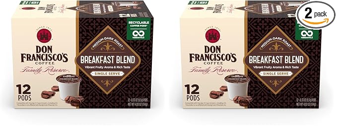 Don Francisco's Breakfast Blend Dark Roast Coffee Pods - 12 Count - Recyclable Single-Serve Coffee Pods, Compatible with your K- Cup Keurig Coffee Maker (Pack of 2)