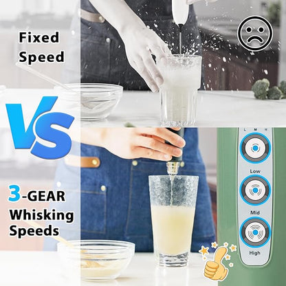 Milk Frother with Stand Rechargeable-Handheld Coffee Frother with 3 Stainless Whisks 3 Speed Adjustable, Electric Whisk Drink Mixer, Foam Maker Blender for Matcha Latte Cappuccino Chocolate