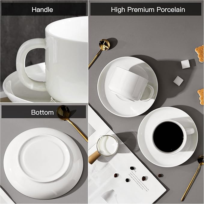 Coffee Cups and Saucers Set of 6 with Stainless Steel spoons, 8oz Ceramic Cappuccino Cups Set, White Durable Porcelain Cups for Tea, Espresso, Latte, Mocha