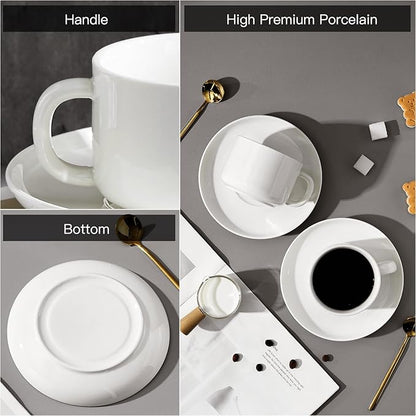 Coffee Cups and Saucers Set of 6 with Stainless Steel spoons, 8oz Ceramic Cappuccino Cups Set, White Durable Porcelain Cups for Tea, Espresso, Latte, Mocha