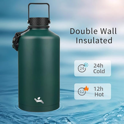 Gallon Insulated Water Bottle with Straw,128 oz 3 Lids Water Jug with Carrying Bag,Paracord Handle, Double Wall Vacuum Stainless Steel Metal Flask,Dark Green