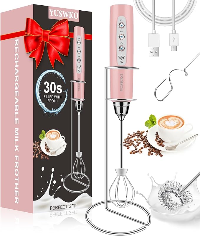 YUSWKO Milk Frother Handheld for Coffee with Stand, Rechargeable Drink Mixer with 3 Heads 3 Speeds Electric Coffee Frother Whisk, Gift for Many Occasions and Festival