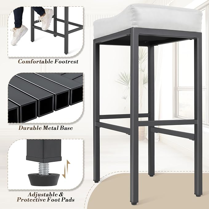 Athena Collection Counter Height Bar Stools Set of 2, 31.5 Inches Saddle Bar Stools with Leather Upholstered and Metal Legs, Backless Barstools for Counter, Kitchen Island, Dining Room, White