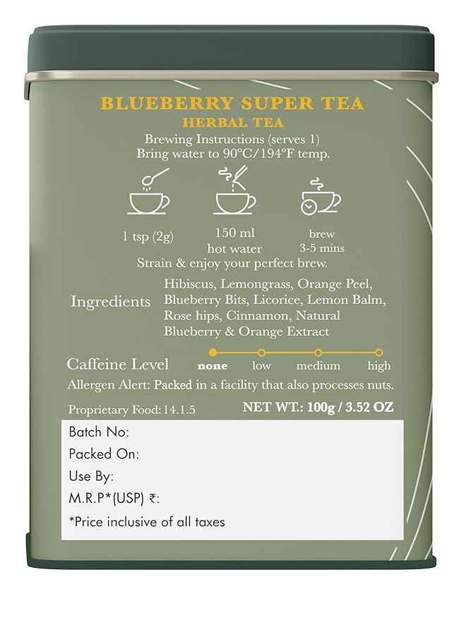 Luxmi Estates - Blueberry Herbal - Organic Blueberry Tea 100g (50 Cups) | Certified Organic Tea | Caffeine-Free