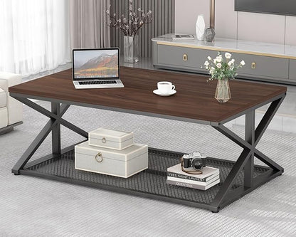 IBF Walnut Coffee Table with Storage, Industrial Wood Metal Rectangle Living Room Table, Vintage 2 Tier Middle Center Table with Mesh Shelf, Walnut, 47 inch