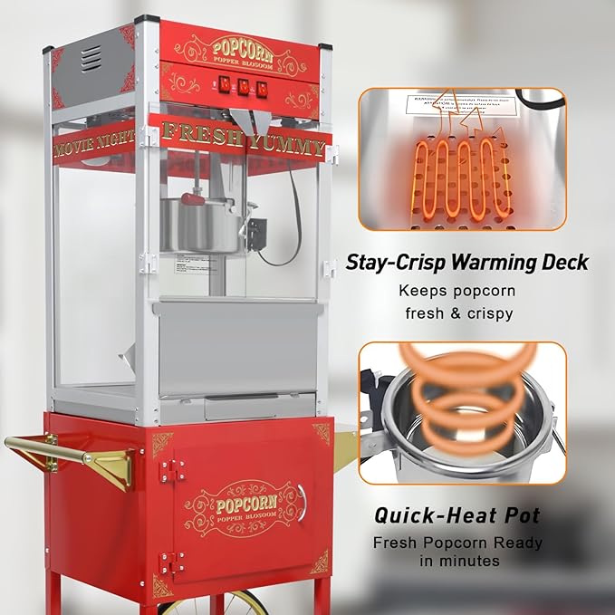 20oz Popcorn Machine with Cart, Wheels & Stainless Steel Kettle, Vintage Movie Theater Style, Popcorn Maker Machine for Parties, Events, Home & Commercial Use, Red