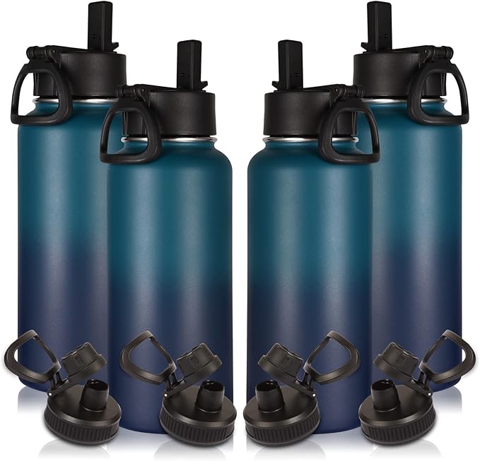 Volhoply 32 oz Insulated Water Bottles Bulk 4 Pack with Straw Lid & Spout Lid,Stainless Steel Sports Water Bottle,Double Wall Vacuum Cups,Leakproof Wide Mouth Metal Flask for Travel(Dark Night,4)