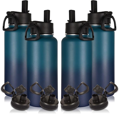 Volhoply 32 oz Insulated Water Bottles Bulk 4 Pack with Straw Lid & Spout Lid,Stainless Steel Sports Water Bottle,Double Wall Vacuum Cups,Leakproof Wide Mouth Metal Flask for Travel(Dark Night,4)