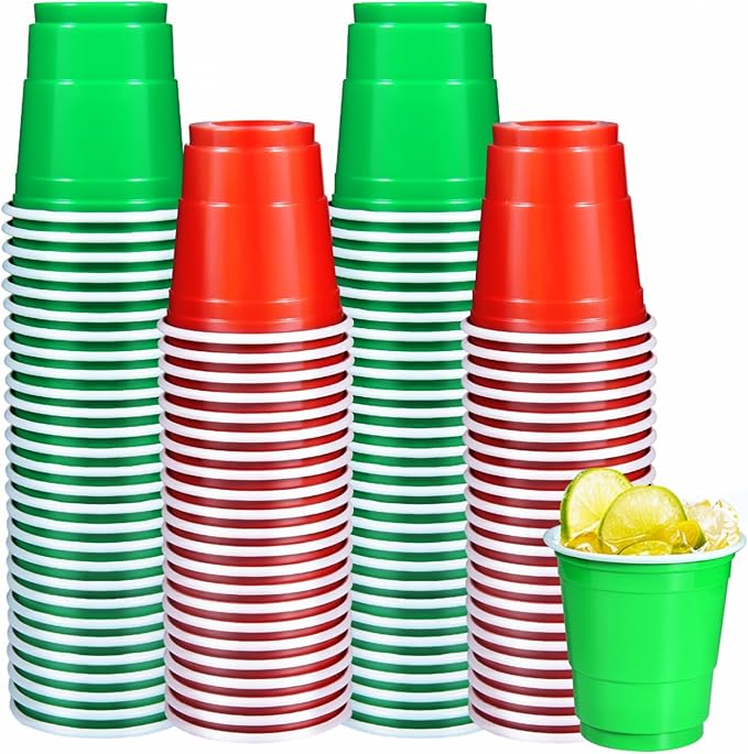 100 Pack 2 oz Plastic Shot Glasses Disposable Shot Cups, Mini 2oz Party Cups for Christmas, Birthday, Wedding, Bachelorette Party, Baby Shower Supplies (Red, Green)