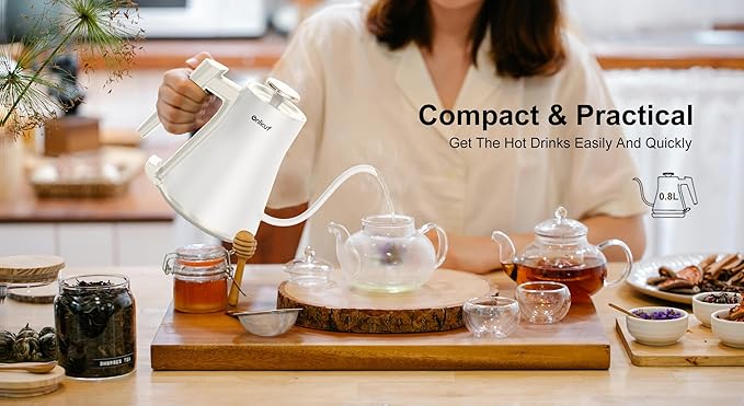 Electric Kettle, Gooseneck Electric Water Kettle for Pour Over Coffee & Tea, 0.8L Quick Heating Small Hot Water Kettle Electric, Stainless Steel, Auto-Off & Boil Dry Protection, Matte White