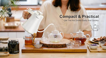 Electric Kettle, Gooseneck Electric Water Kettle for Pour Over Coffee & Tea, 0.8L Quick Heating Small Hot Water Kettle Electric, Stainless Steel, Auto-Off & Boil Dry Protection, Matte White