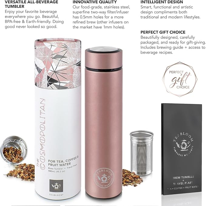 Teabloom - The ORIGINAL All-Brew Travel Tumbler & Thermos | OPRAH’s Favorite | 16oz/480ml Stainless Steel Insulated Water Bottle/Tea Flask/Cold Brew Coffee Mug